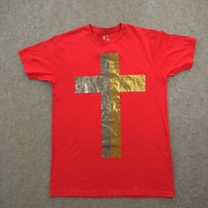 Guess Shirt Mens Medium Red Metallic Gold Silver Cross Crew Neck Streetwear New
